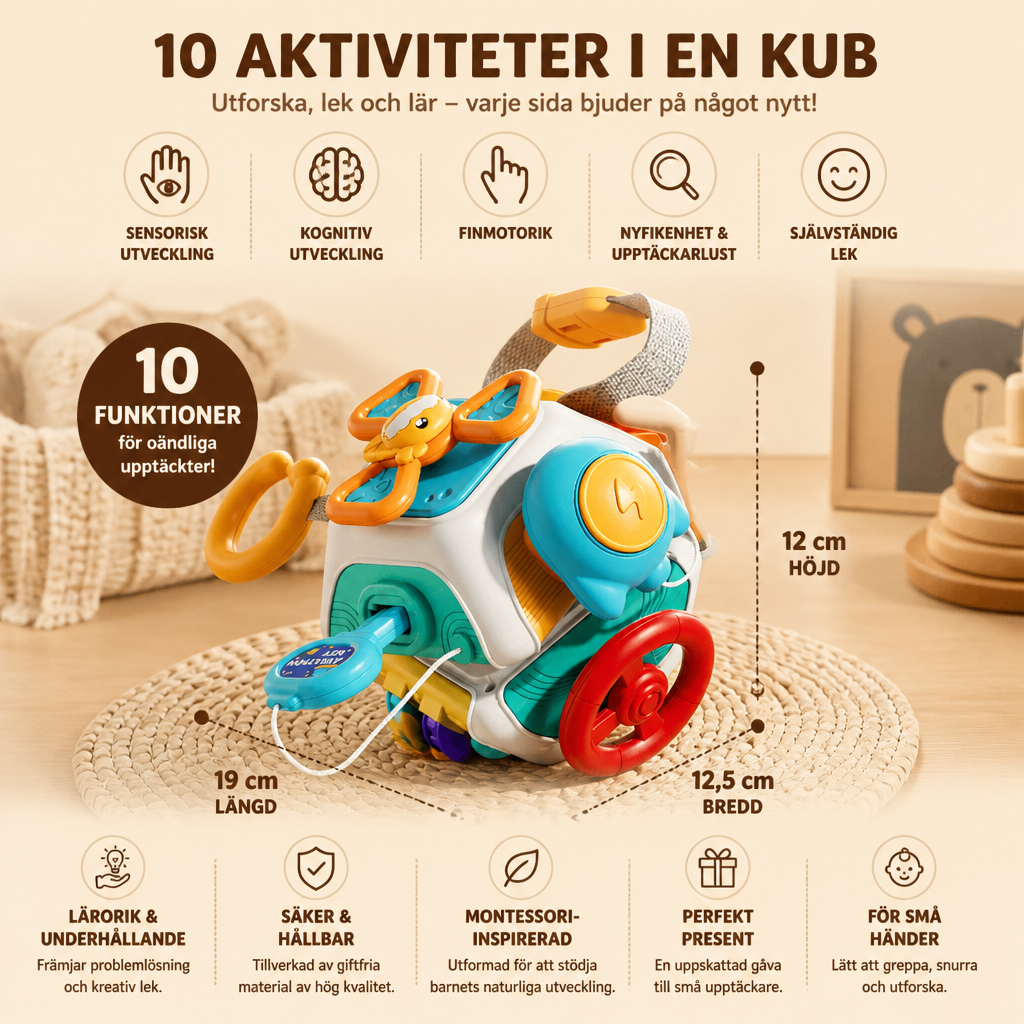 Aktivitetskub för barn med 10 olika aktiviteter – Montessori-leksak för sensorisk inlärning