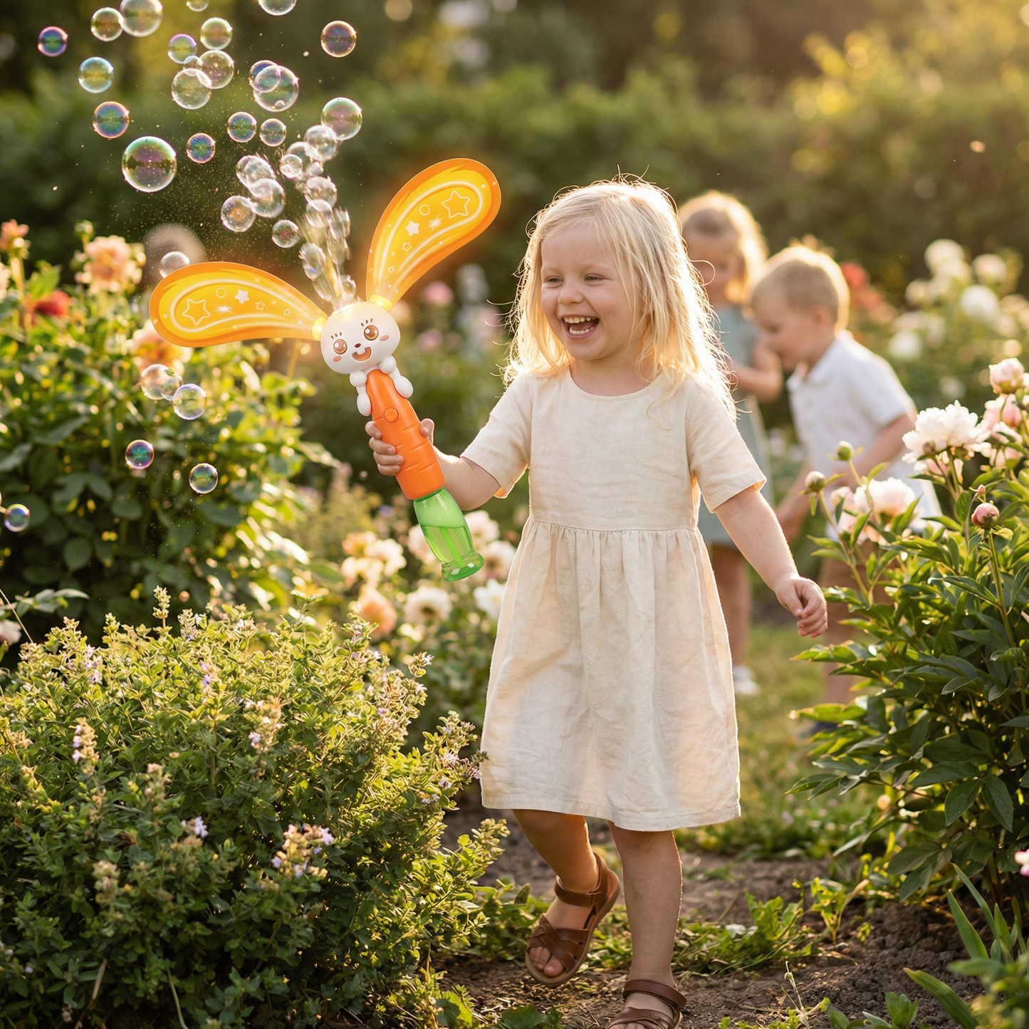 Såpbubbelkanin med vingar och ljus – bubbelmaskin för barn