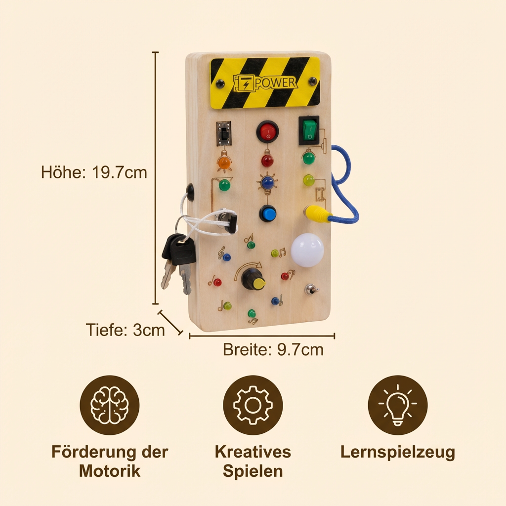 Montessori sensorikbräda i trä med ljus och strömbrytare – motorikleksak för barn
