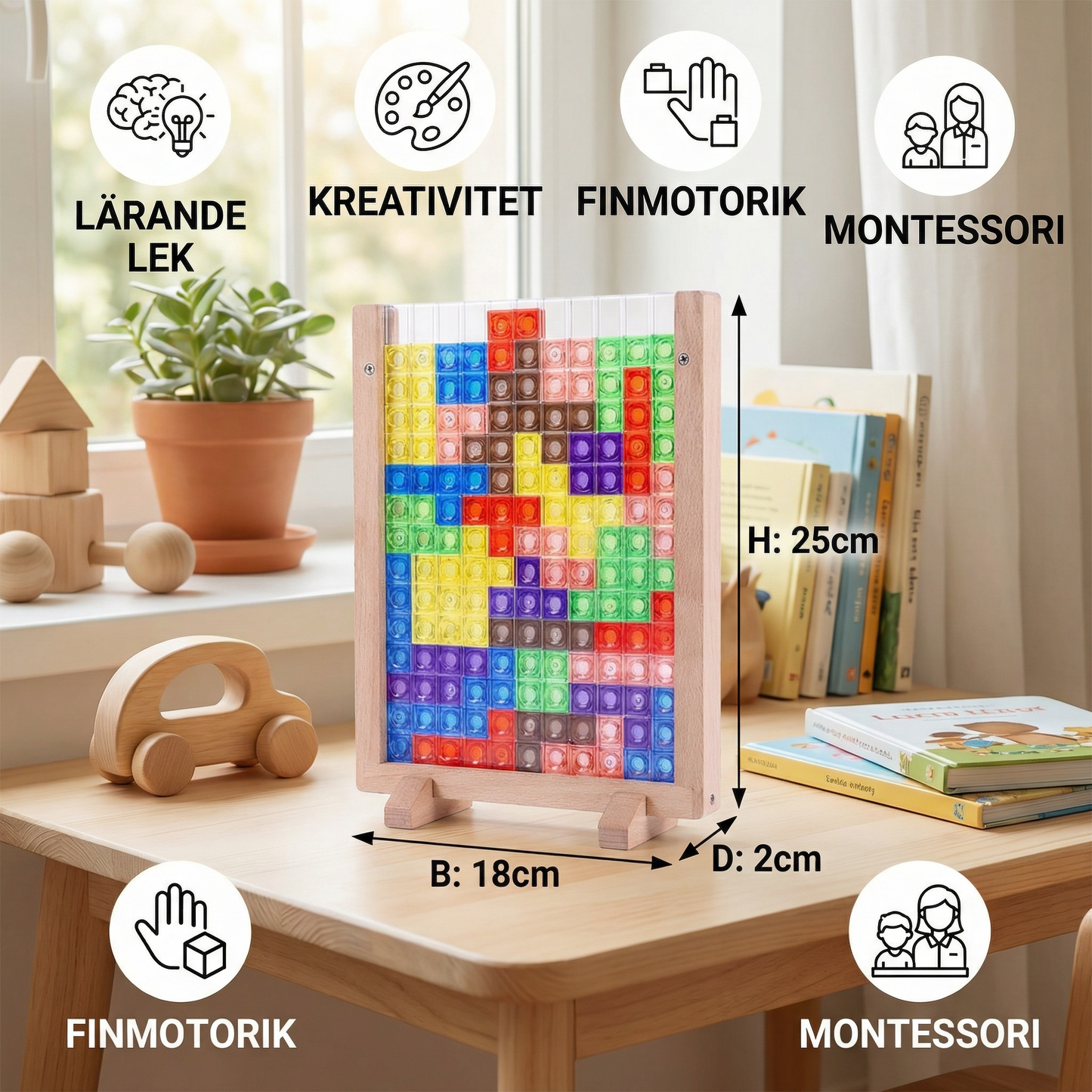 3D färgblockspussel med träram – pedagogiskt Montessori lärspel för barn