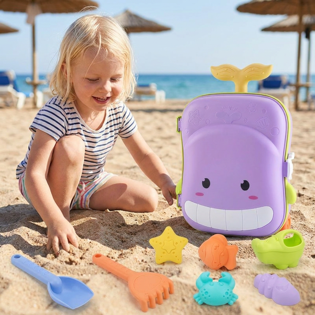 Barnens Strandleksaksväska med Sandverktyg och Timglas