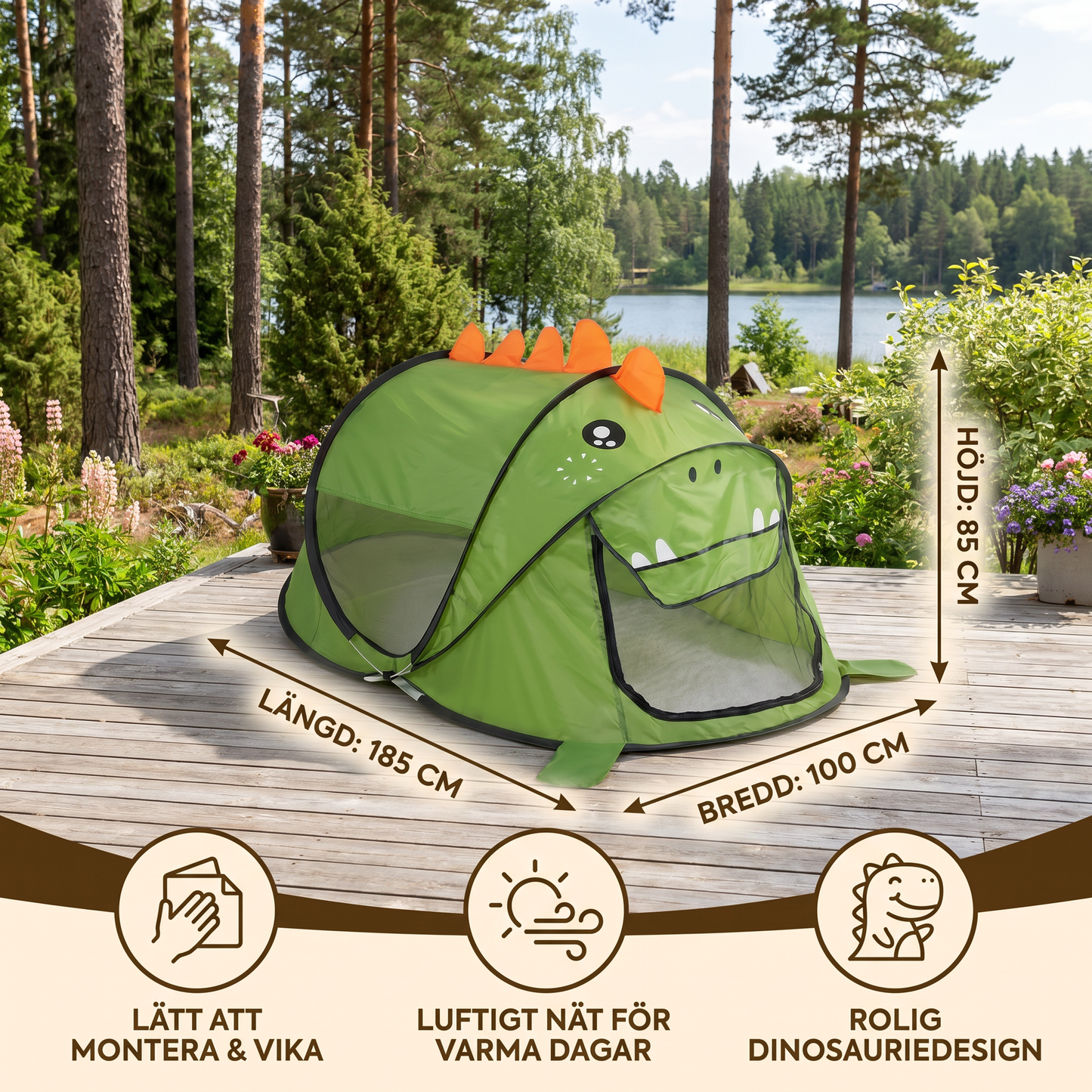 Hopfällbart dino-lektält för barn – perfekt för varma dagar och mysiga lekstunder