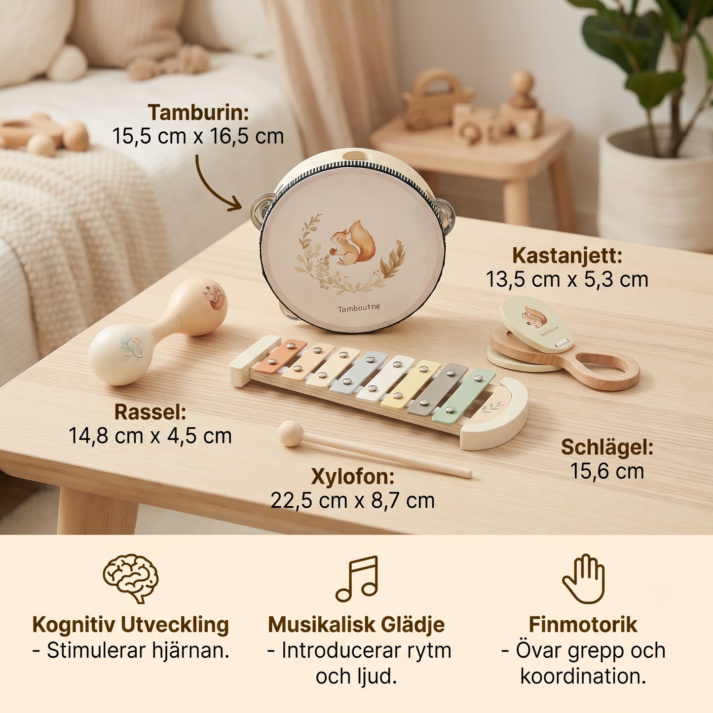 Montessori Trä-Musikinstrument Set för Bebisar – Sensorisk och Musikaliskt Lärande Lek