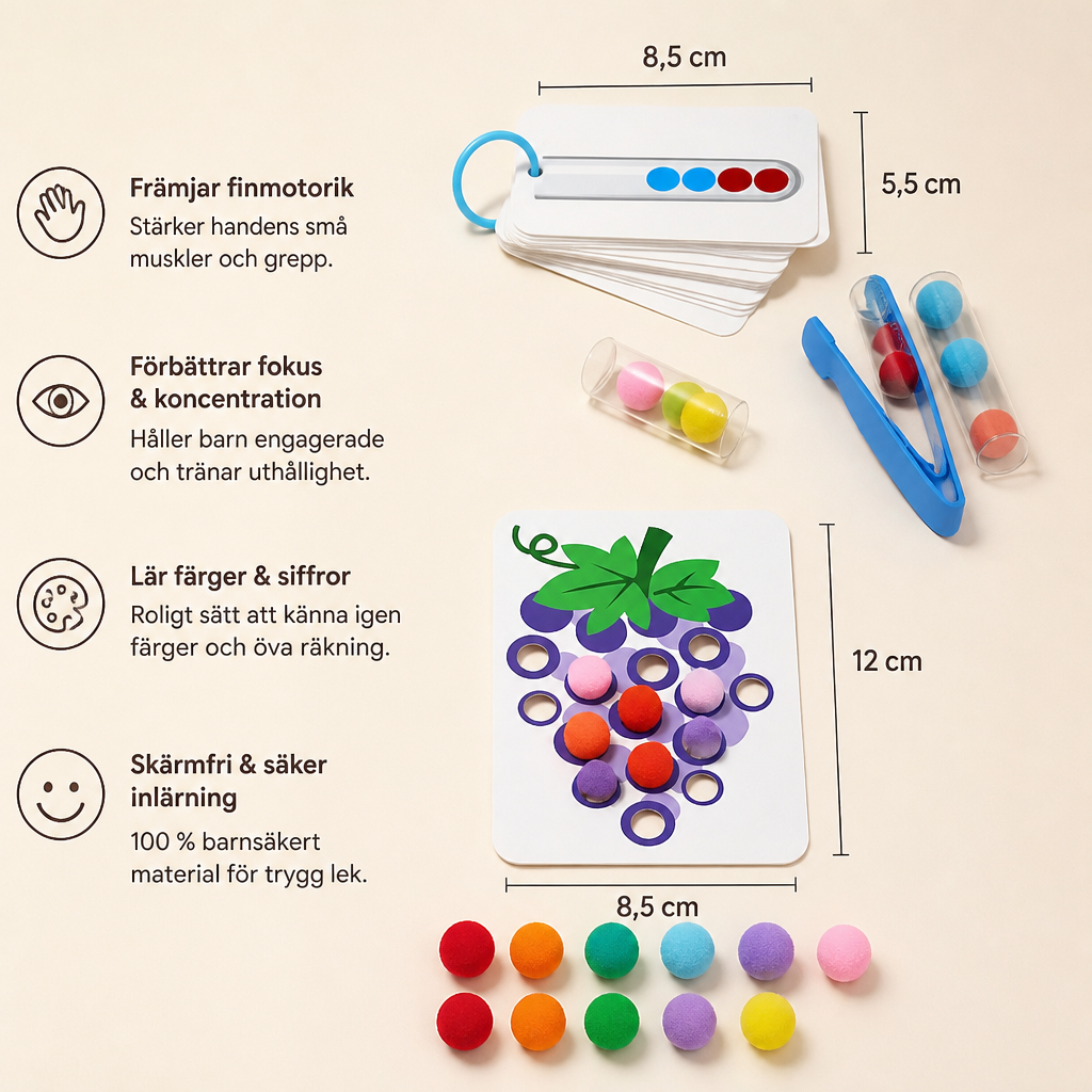 Montessorispel med pompombollar för färger, siffror och finmotorik