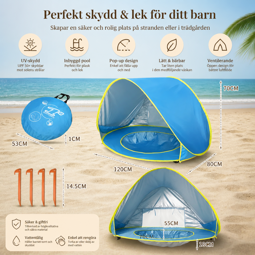 Pop-Up Baby Beach Tent med Inbyggd Pool och UV-Skydd – Bärbart Solskydd för Barn