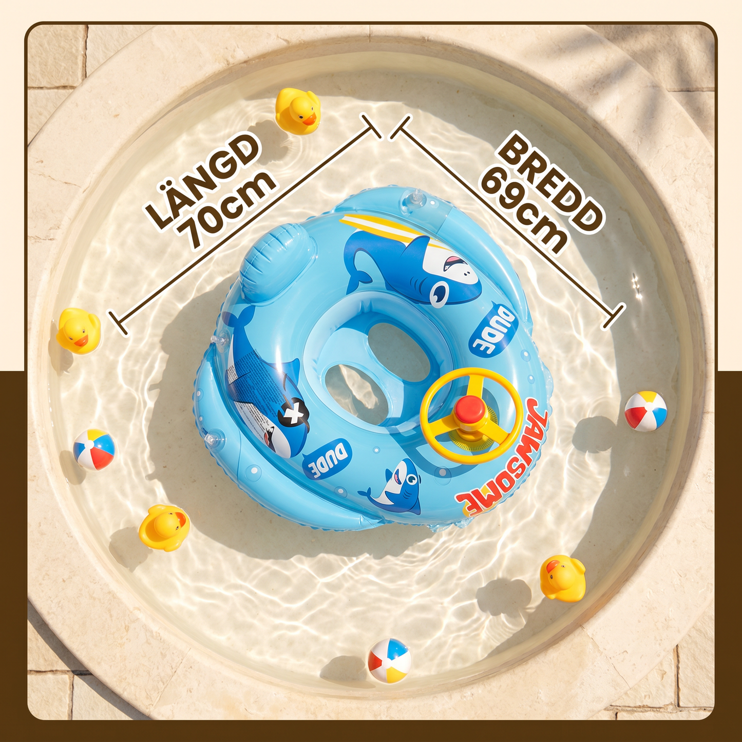 Baby Shark Swimring med Styrhjul för Småbarn