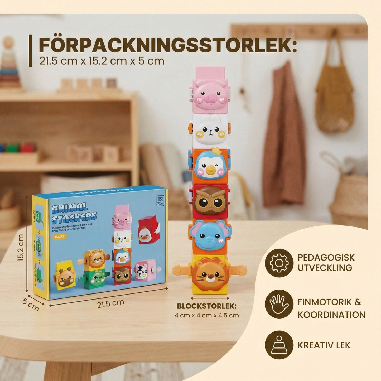 Pedagogiskt Montessori djurstaplingsbyggleksak