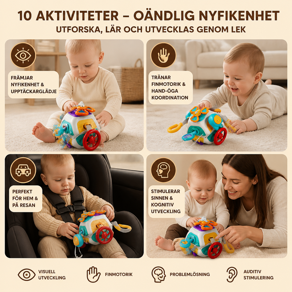 Aktivitetskub för barn med 10 olika aktiviteter – Montessori-leksak för sensorisk inlärning
