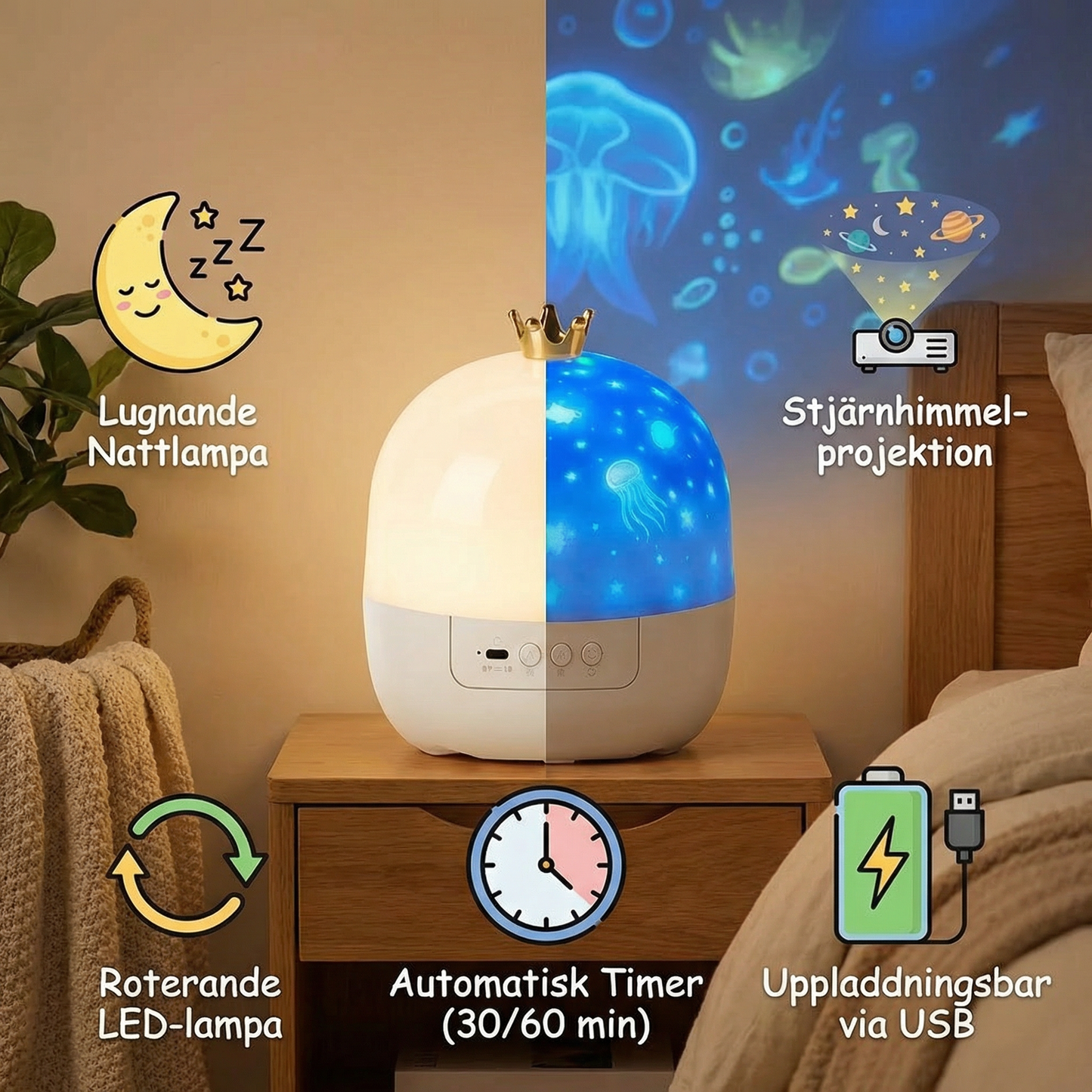 Stjärnhimmelprojektor nattlampa ⎜ Roterande LED-lampa