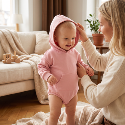 Babyromper med huva – Mjuk långärmad sparkdräkt med framficka