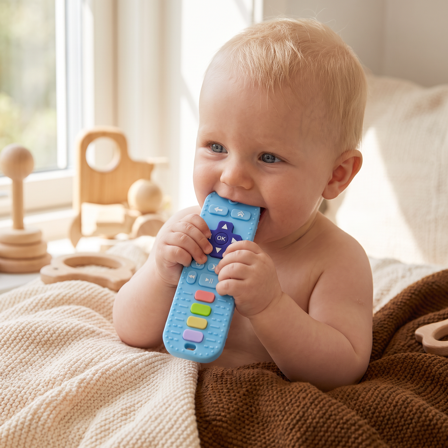 Bitring för bebisar i form av en fjärrkontroll av silikon – BPA-fri sensorisk tuggleksak