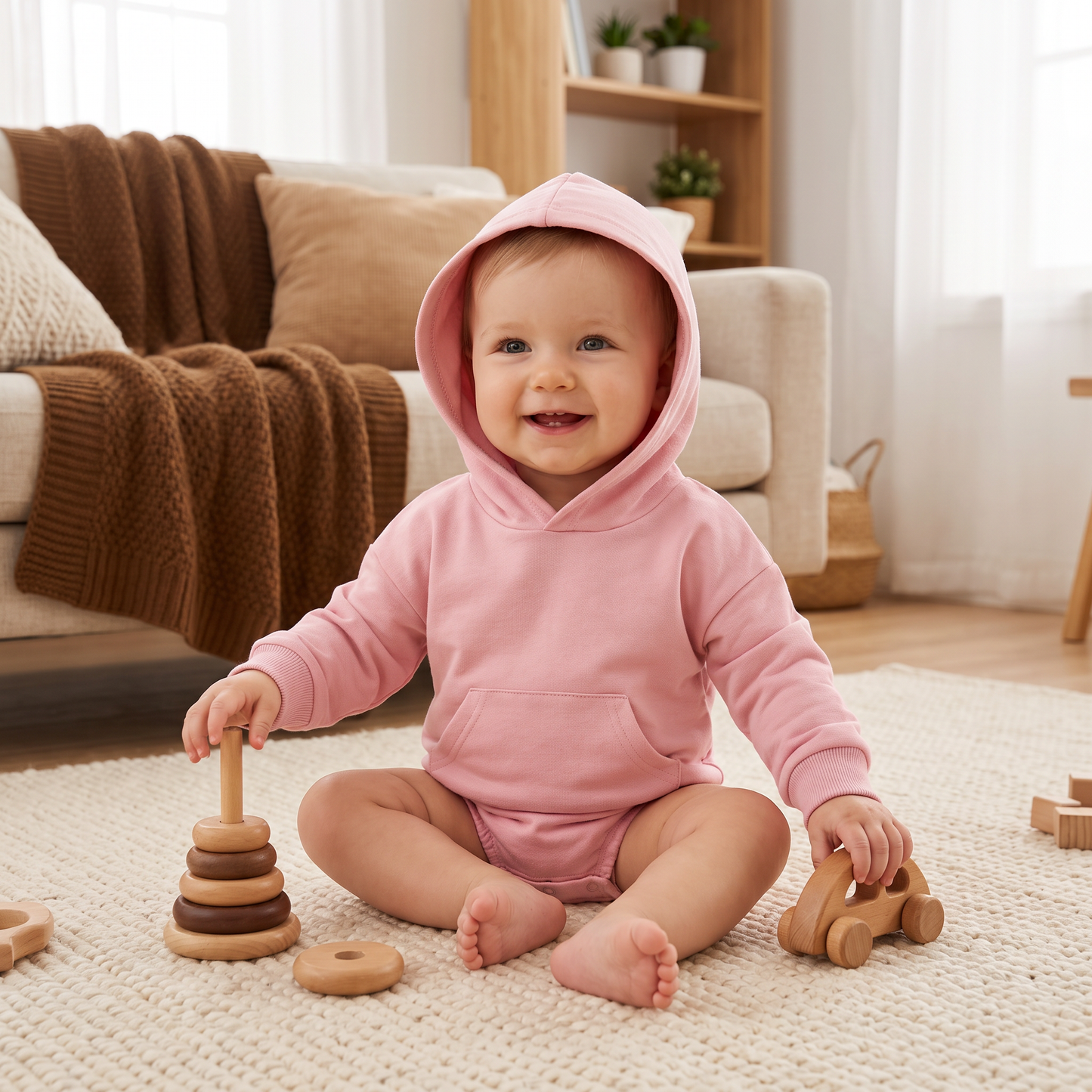 Babyromper med huva – Mjuk långärmad sparkdräkt med framficka