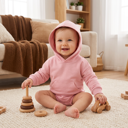 Babyromper med huva – Mjuk långärmad sparkdräkt med framficka
