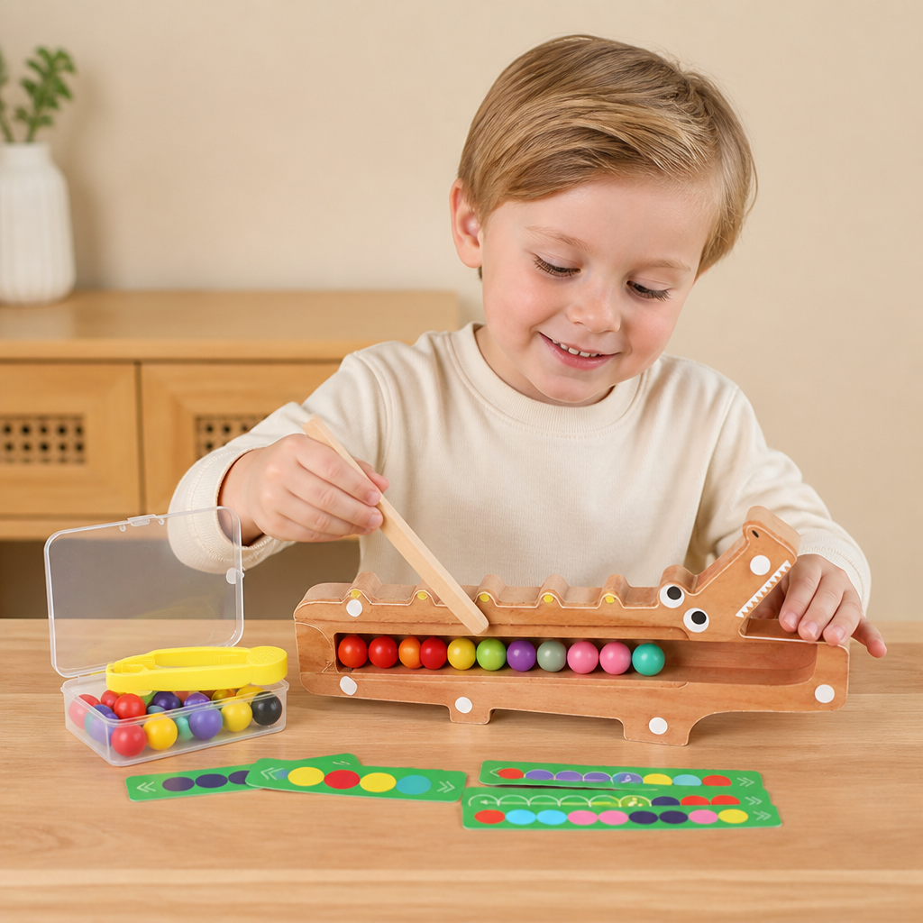 Krokodilfärgspel – pedagogiskt spel med sorteringskort och träleksak