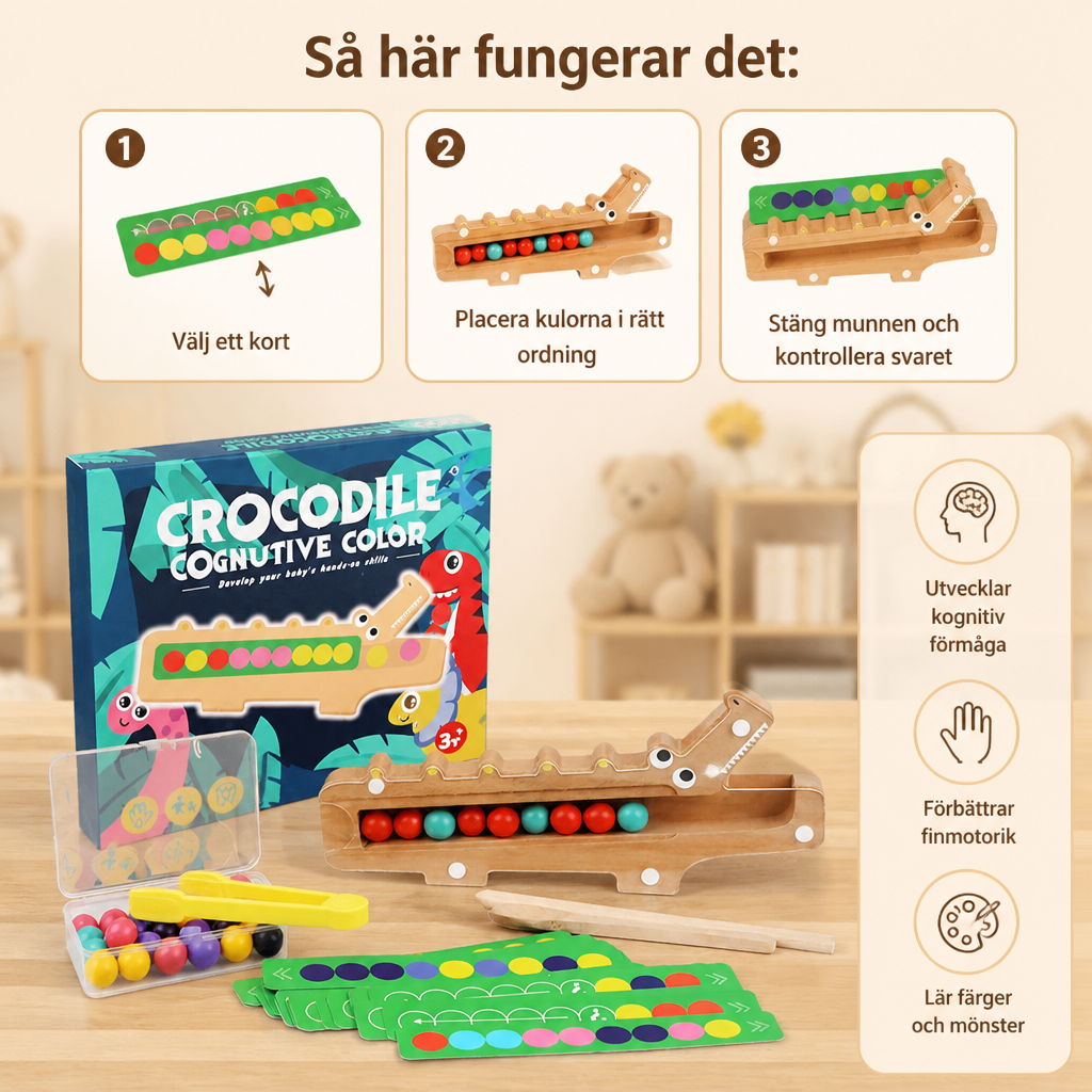 Krokodilfärgspel – pedagogiskt spel med sorteringskort och träleksak