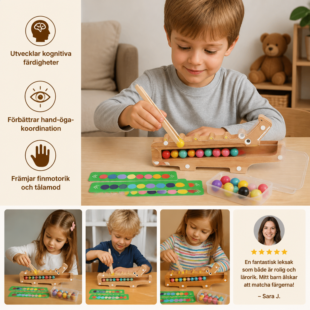 Krokodilfärgspel – pedagogiskt spel med sorteringskort och träleksak