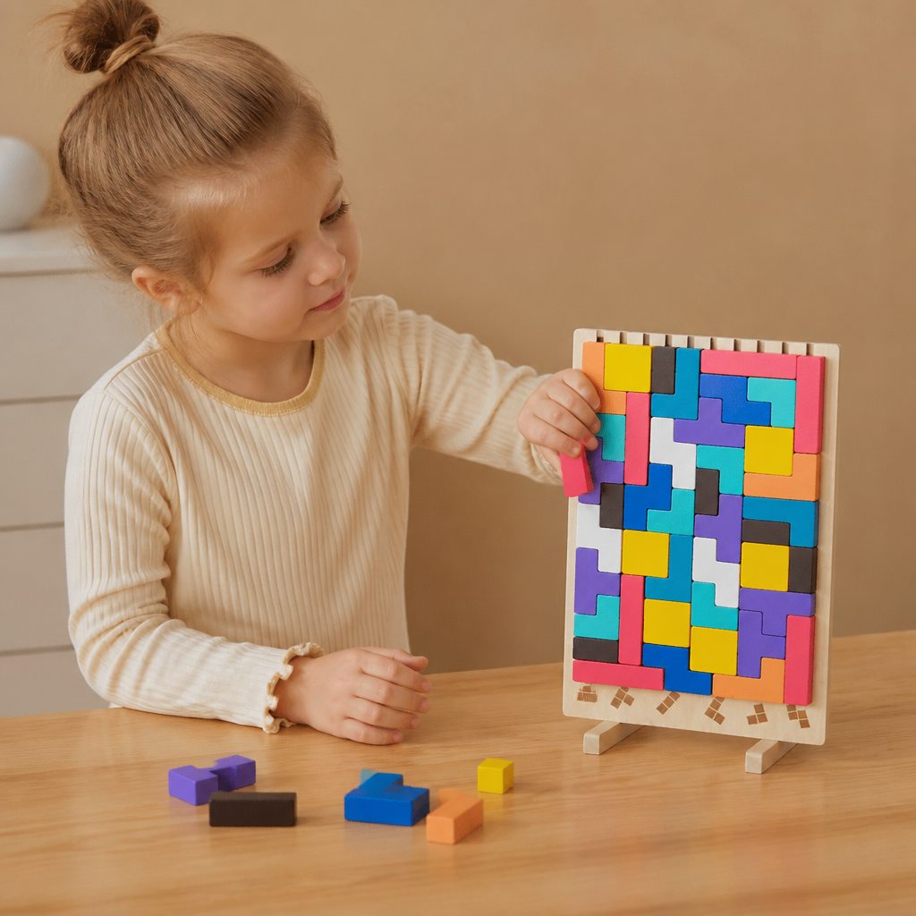Montessorispel med träklossar och former