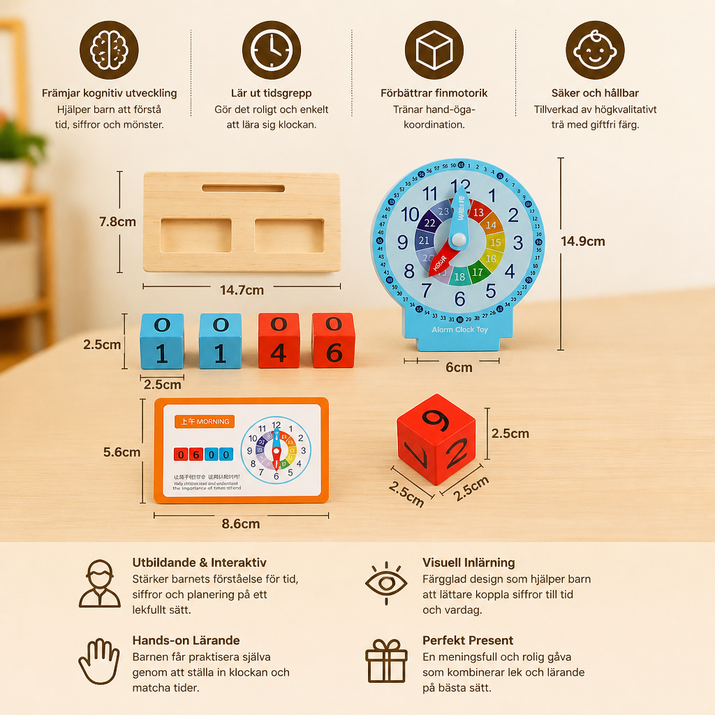 Pedagogisk Montessori-klocka för att lära sig tid och klockslag