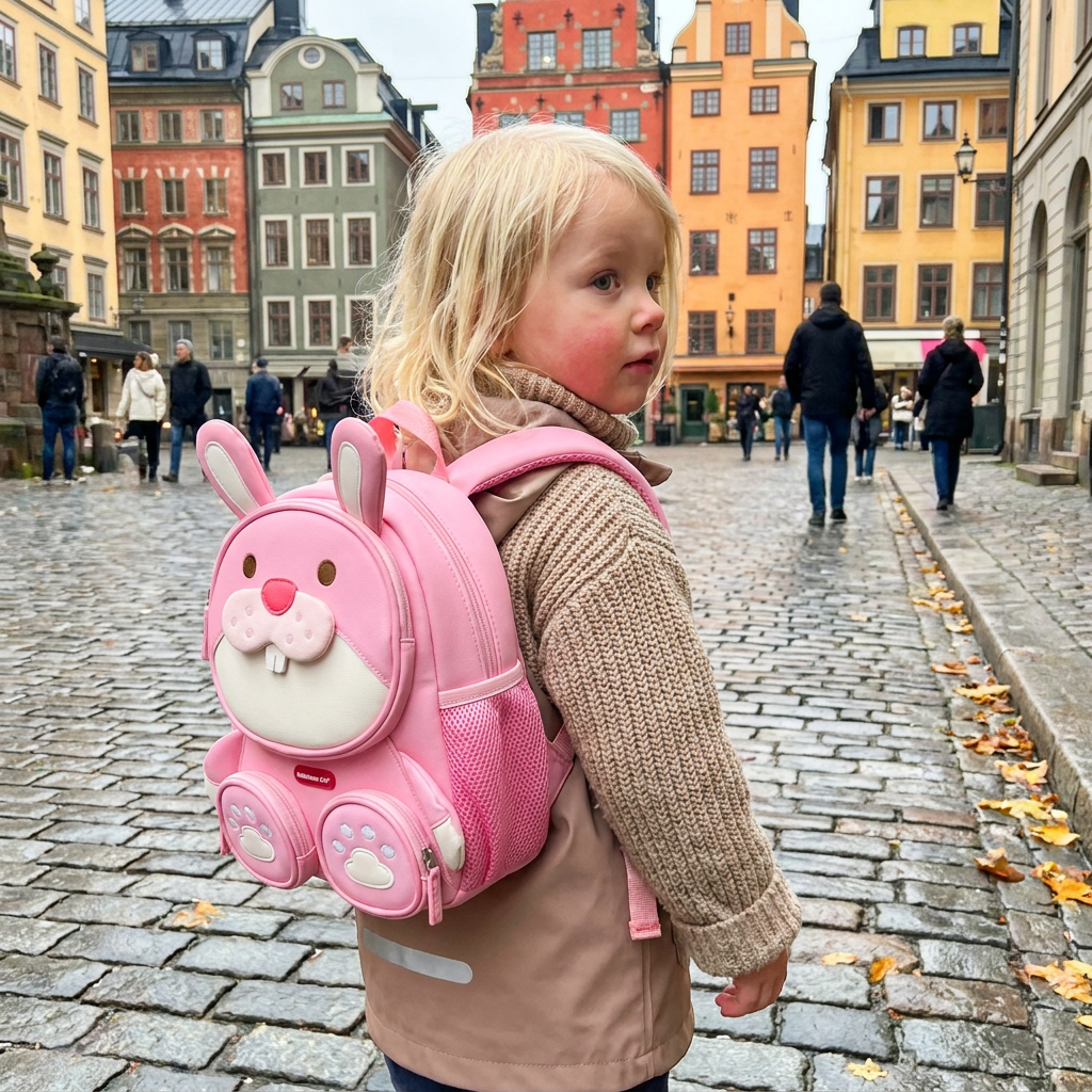 Barnryggsäck med tecknade djur – Lätt skolväska med flera fack