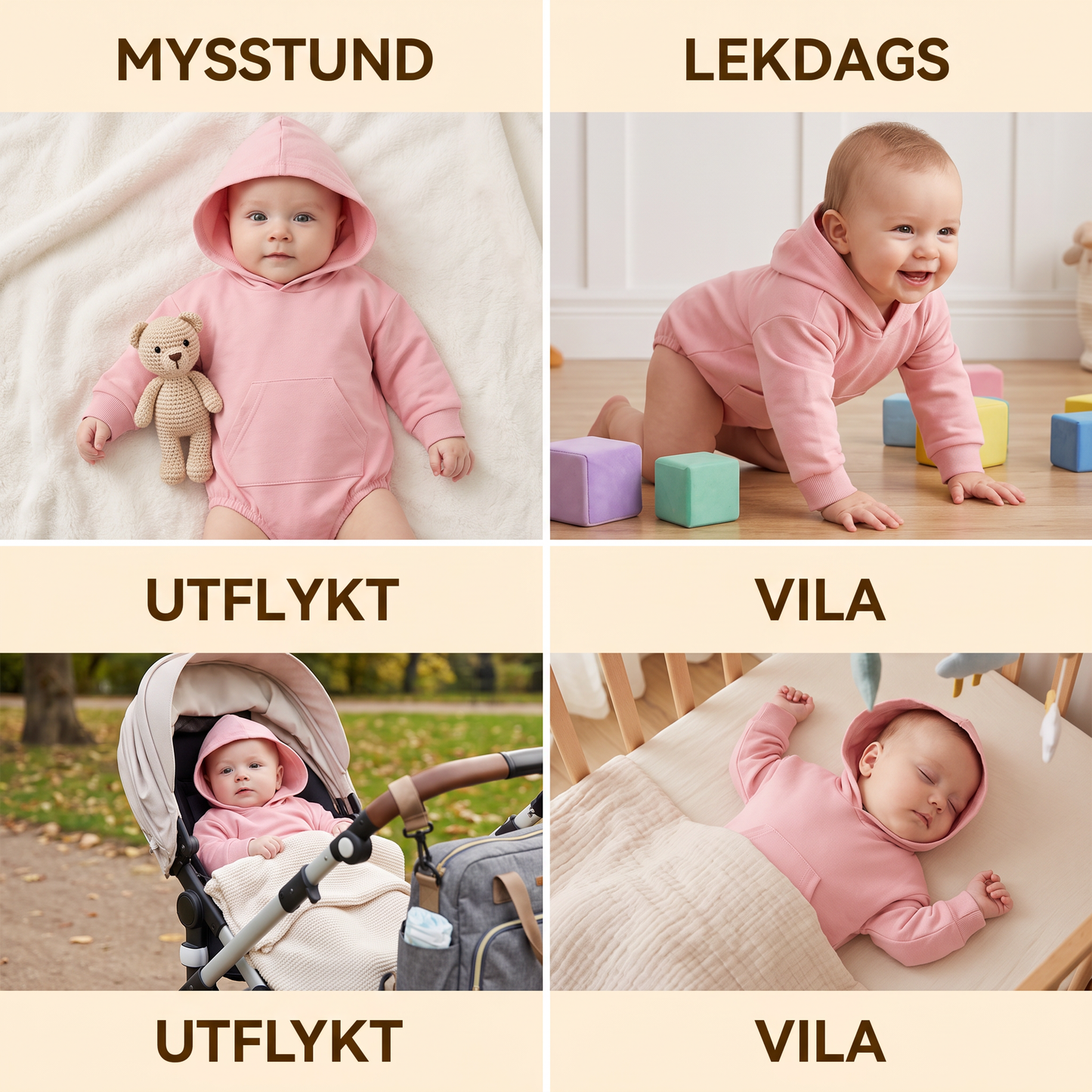 Babyromper med huva – Mjuk långärmad sparkdräkt med framficka