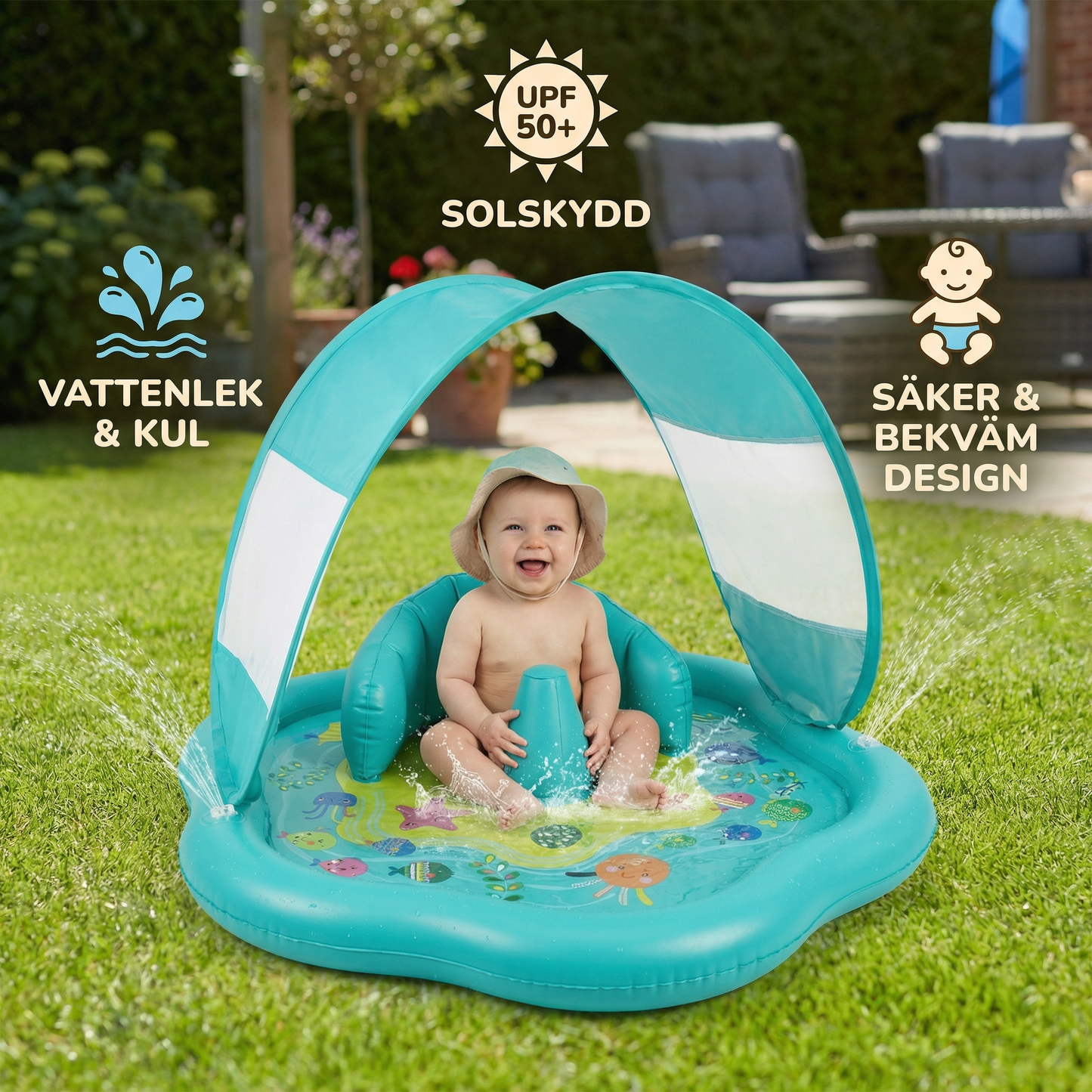 Influerbar Baby Splash Lekmatta med Tak – Vattenlek och Solskydd för Småbarn
