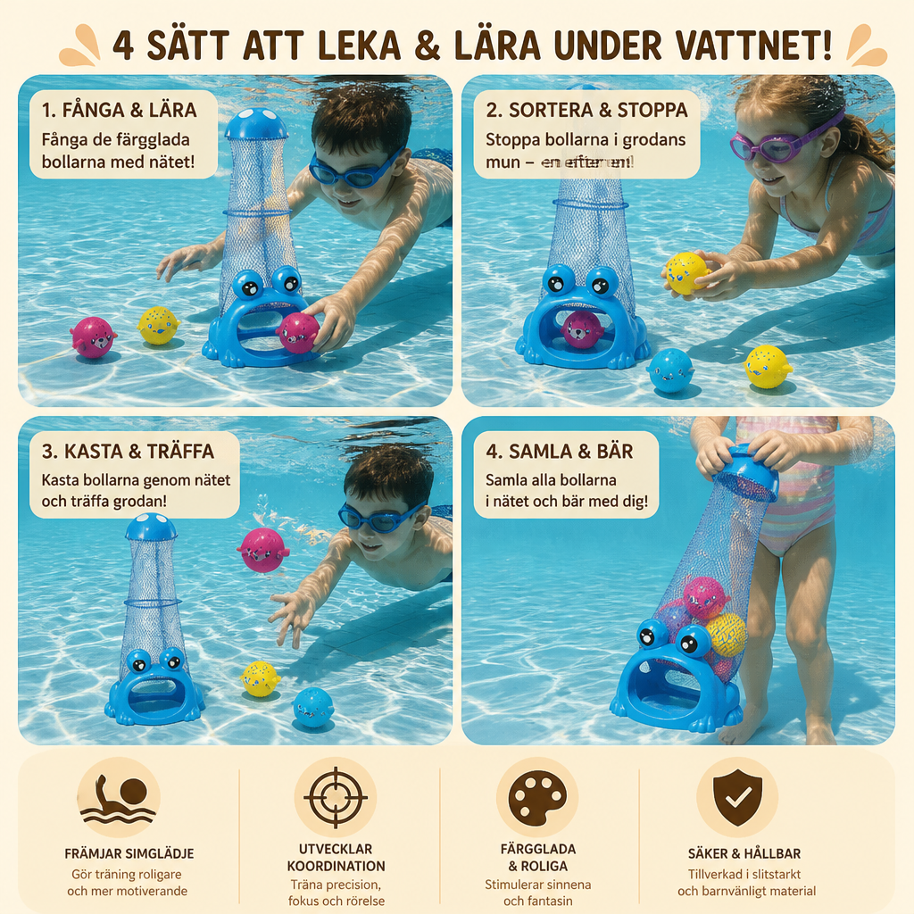 Frosch Dyk Pool Leksak med Fångstnät och Havsdjursbollar
