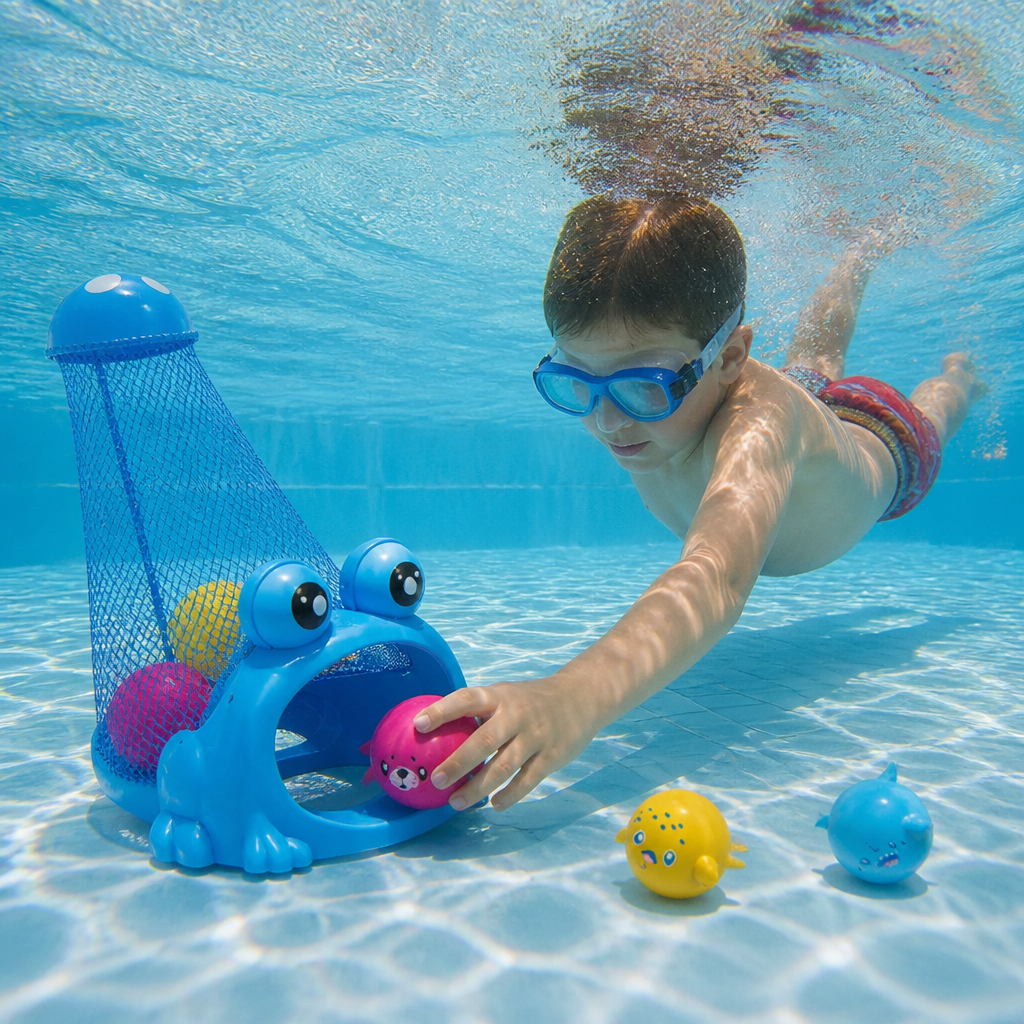 Frosch Dyk Pool Leksak med Fångstnät och Havsdjursbollar