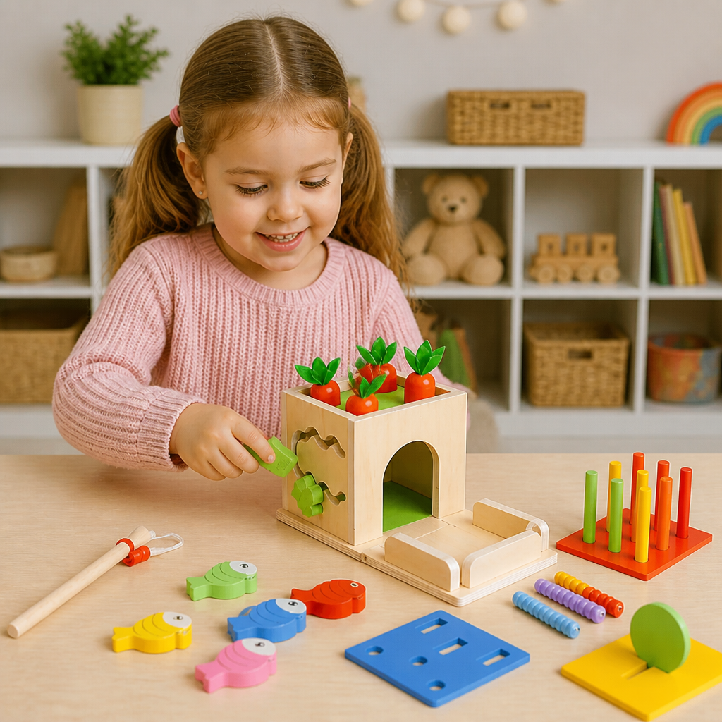 6-i-1 Montessori Träkub Med Former Och Figurer För Lärande och Lek