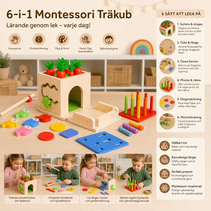 6-i-1 Montessori Träkub Med Former Och Figurer För Lärande och Lek