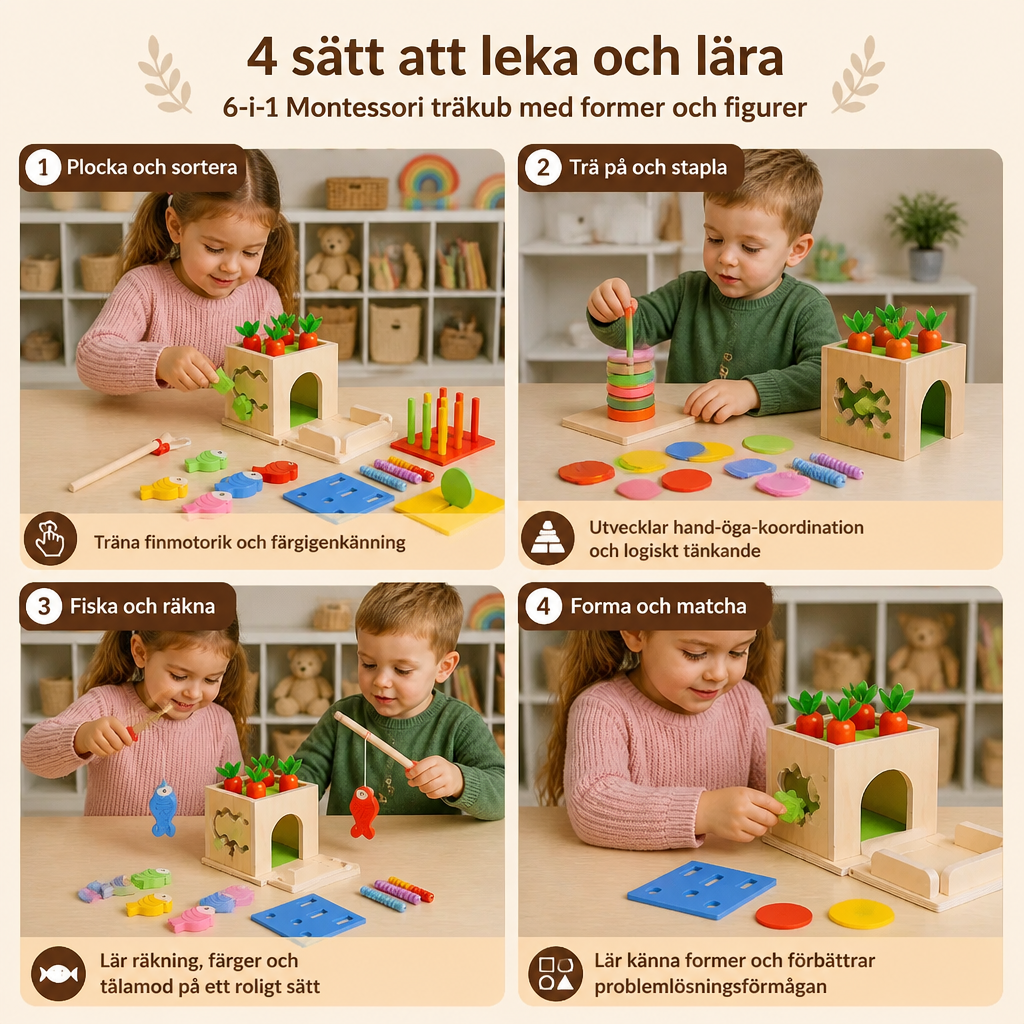 6-i-1 Montessori Träkub Med Former Och Figurer För Lärande och Lek
