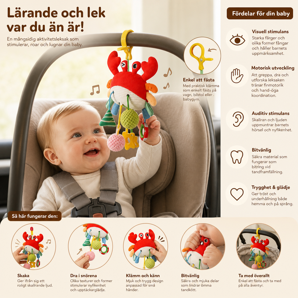 Aktivitetsleksak Krabba för Bebisar med Dragsnöre, Skallra & Bitring