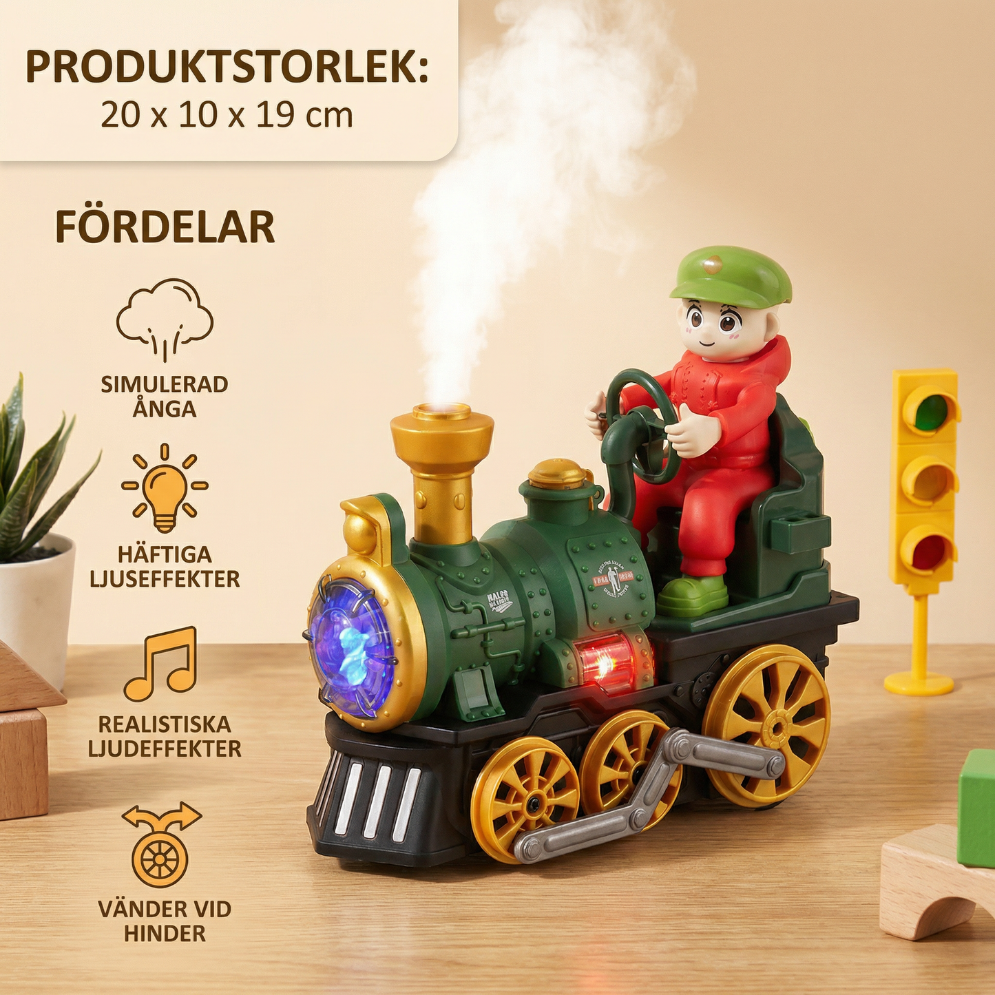 Söt leksaksånglok med ljus, musik och rökeffekt