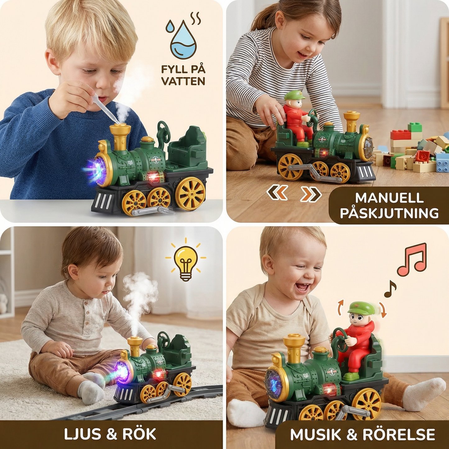 Söt leksaksånglok med ljus, musik och rökeffekt