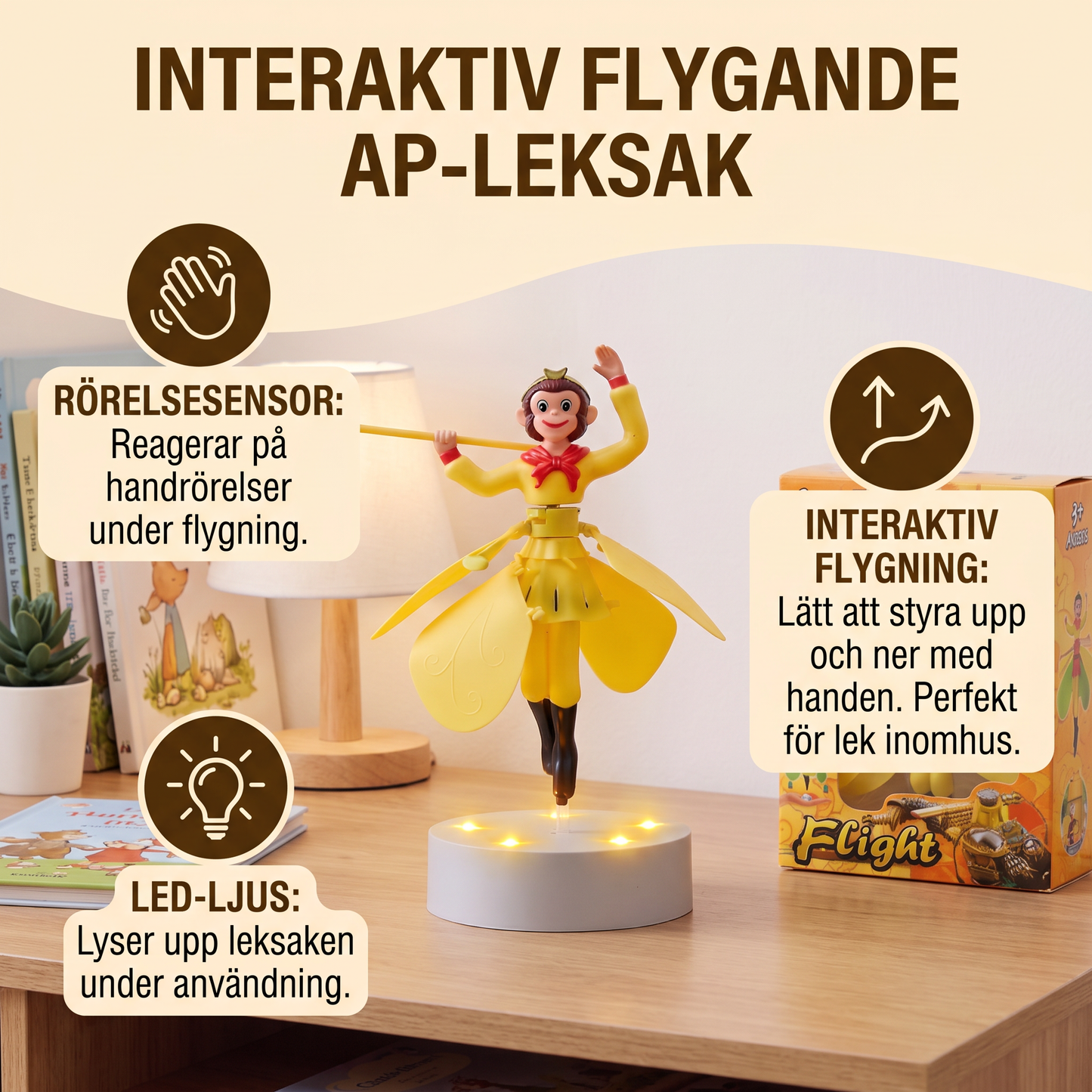 Interaktiv flygande ap-leksak med rörelsesensor & LED-lampor