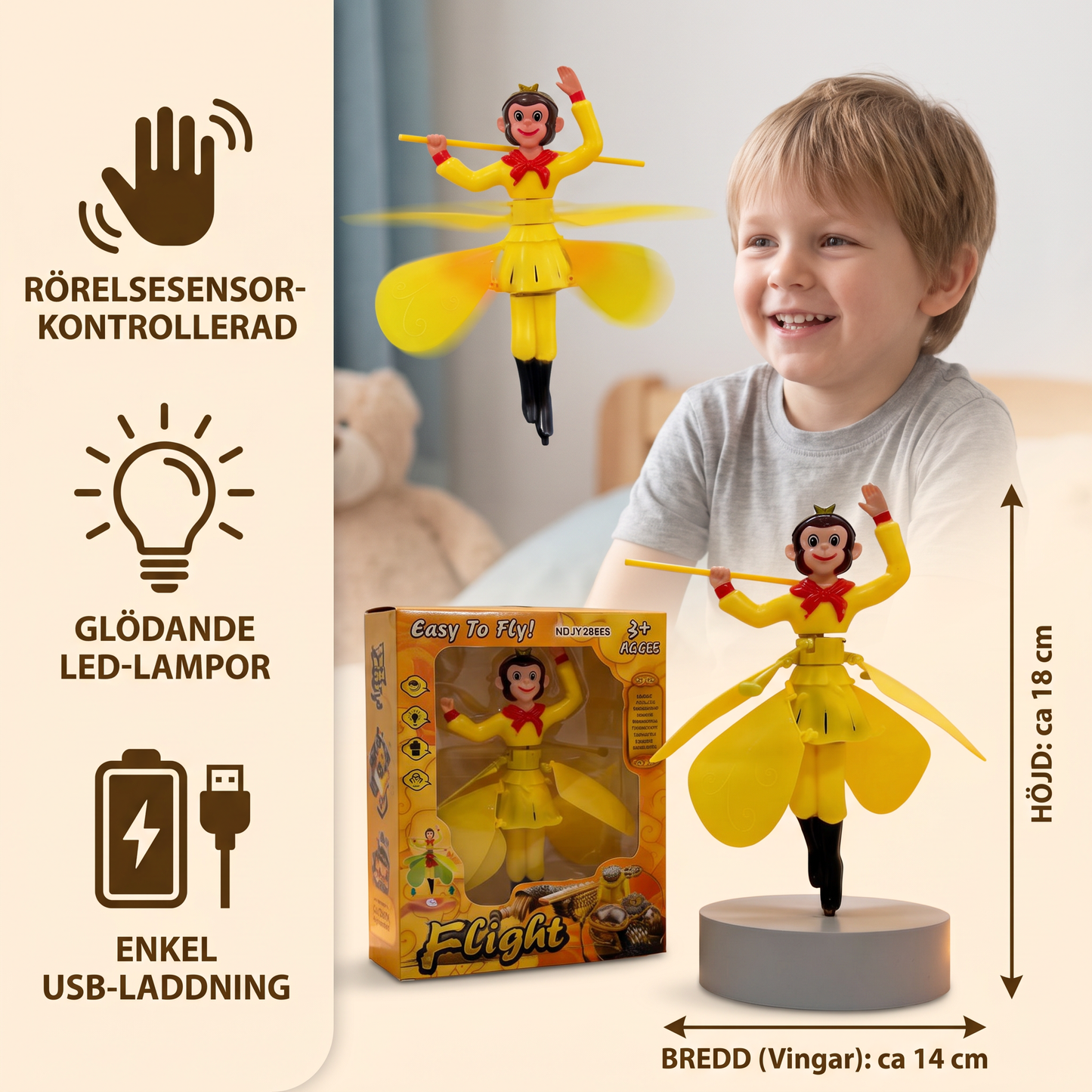 Interaktiv flygande ap-leksak med rörelsesensor & LED-lampor