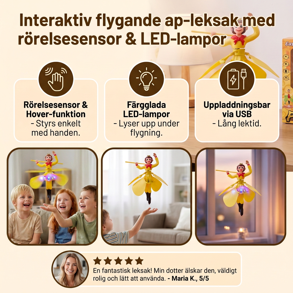 Interaktiv flygande ap-leksak med rörelsesensor & LED-lampor
