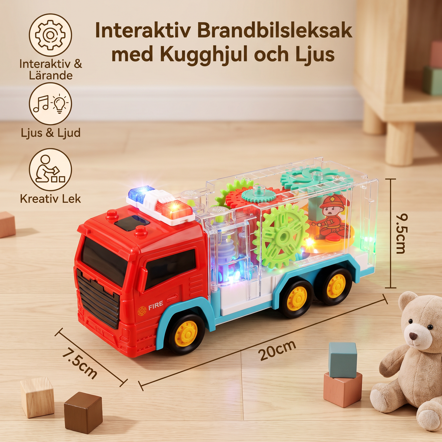 Interaktiv Brandbilsleksak med Kugghjul och Ljus