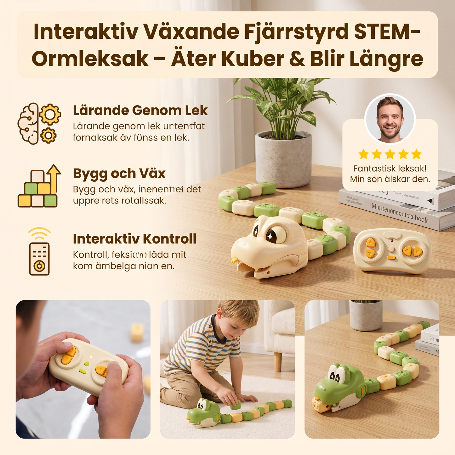 Interaktiv Växande Fjärrstyrd STEM-Ormleksak – Äter Kuber & Blir Längre