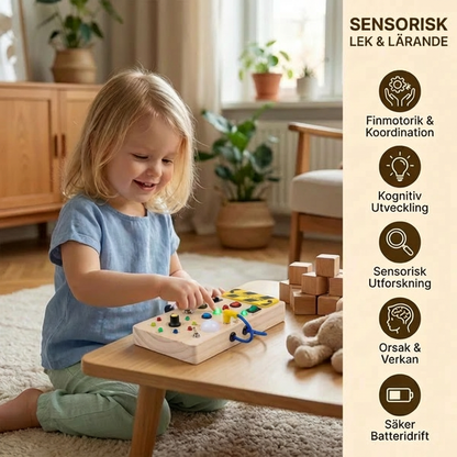 Montessori sensorikbräda i trä med ljus och strömbrytare – motorikleksak för barn