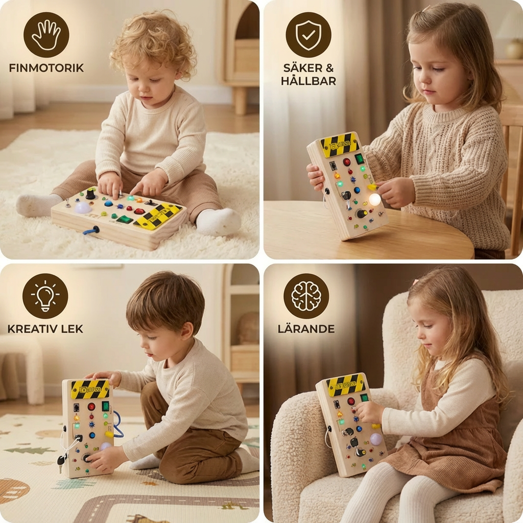 Montessori sensorikbräda i trä med ljus och strömbrytare – motorikleksak för barn