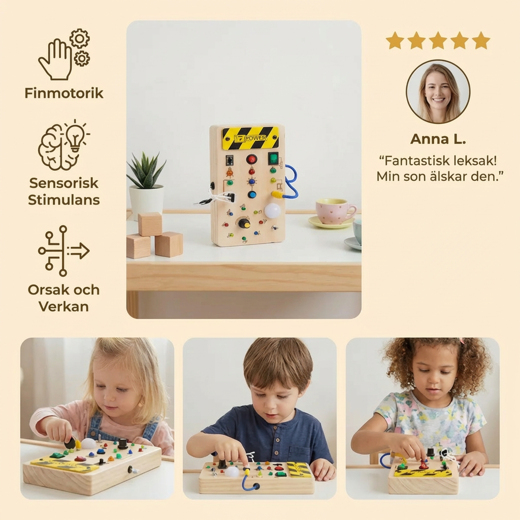 Montessori sensorikbräda i trä med ljus och strömbrytare – motorikleksak för barn