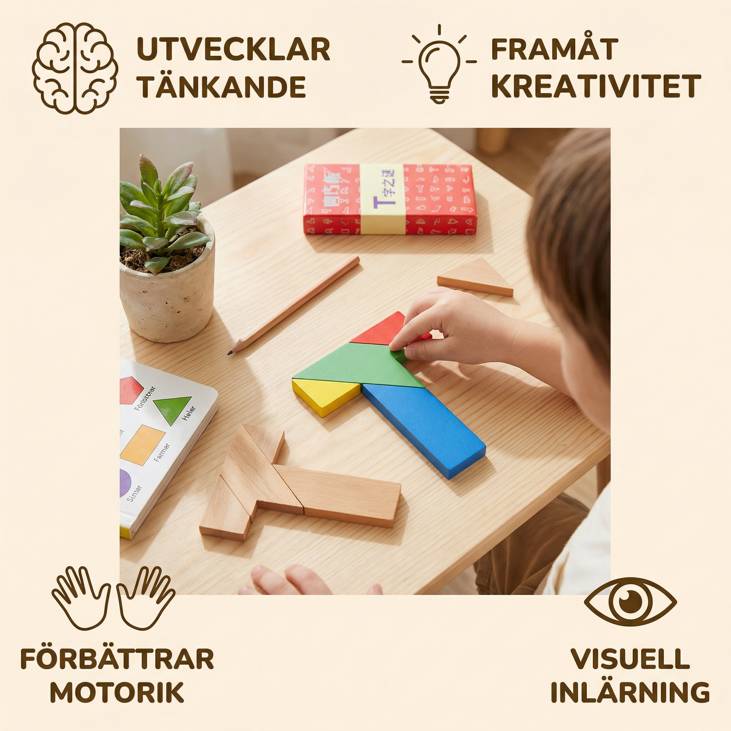 Trä-tangrampussel – Montessori geometriskt lärspel för barn