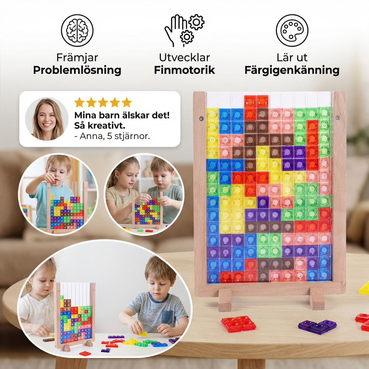 3D färgblockspussel med träram – pedagogiskt Montessori lärspel för barn