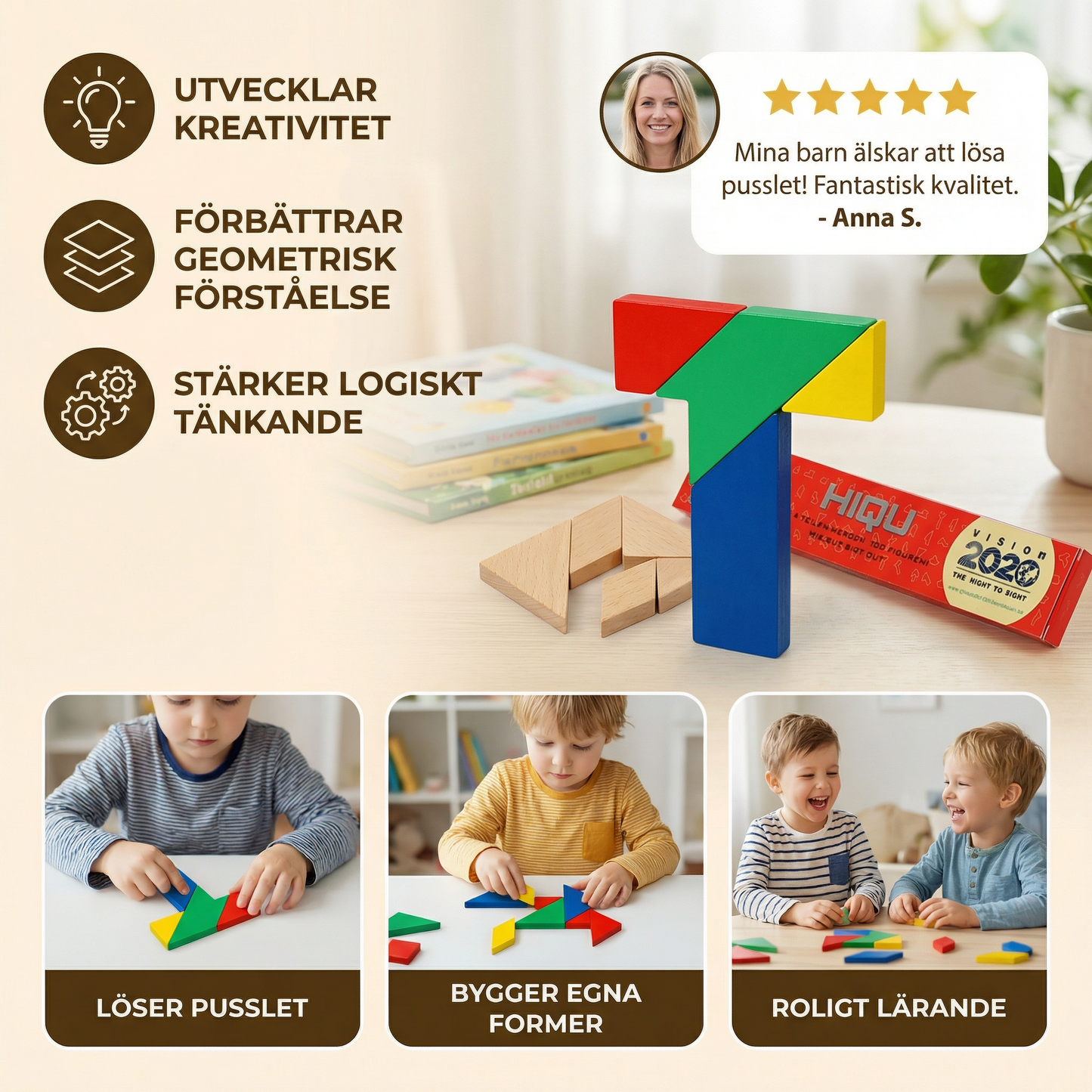 Trä-tangrampussel – Montessori geometriskt lärspel för barn