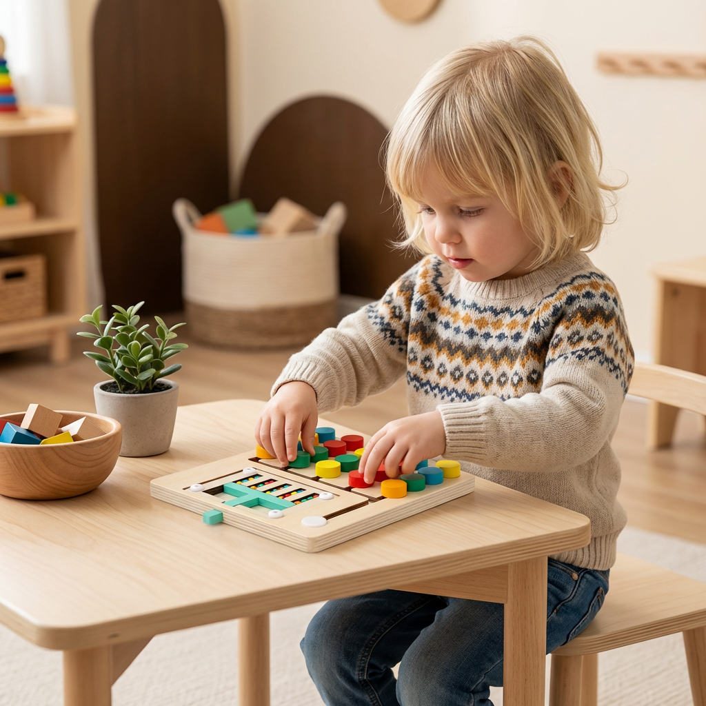 Fyrfärgs logiksorteringsspel i trä – Montessori lär- och tankespel för barn