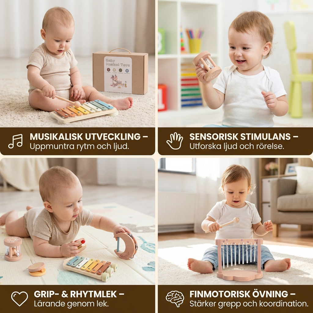 Baby trä-klangleksaksset – 6-delat sensoriskt musik- och klangleksakset