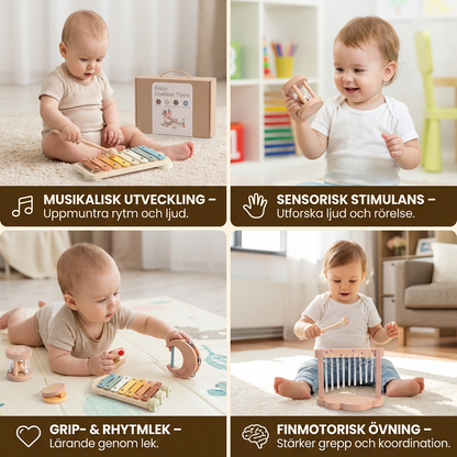 Baby trä-klangleksaksset – 6-delat sensoriskt musik- och klangleksakset