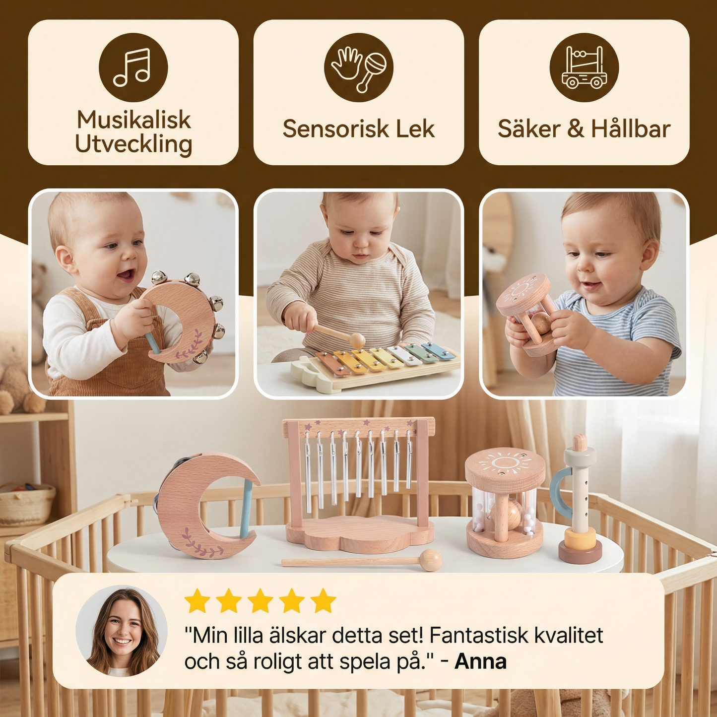 Baby trä-klangleksaksset – 6-delat sensoriskt musik- och klangleksakset