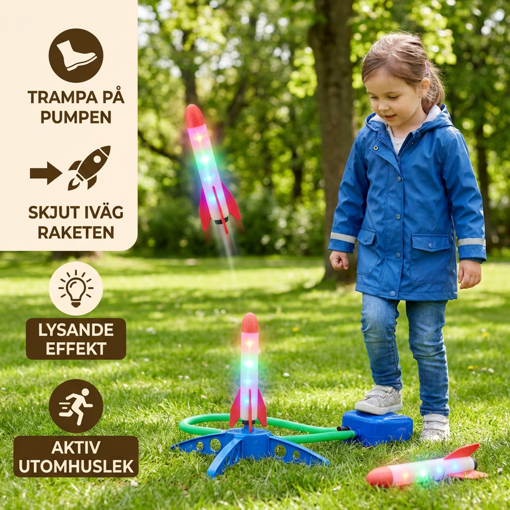 Raketramp med fotpump för barn – lysande utomhusleksak med lufttryck