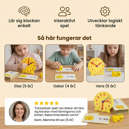 Lärklocka för Barn – Interaktivt Tidsinlärningsspel med Kort och Tärningar